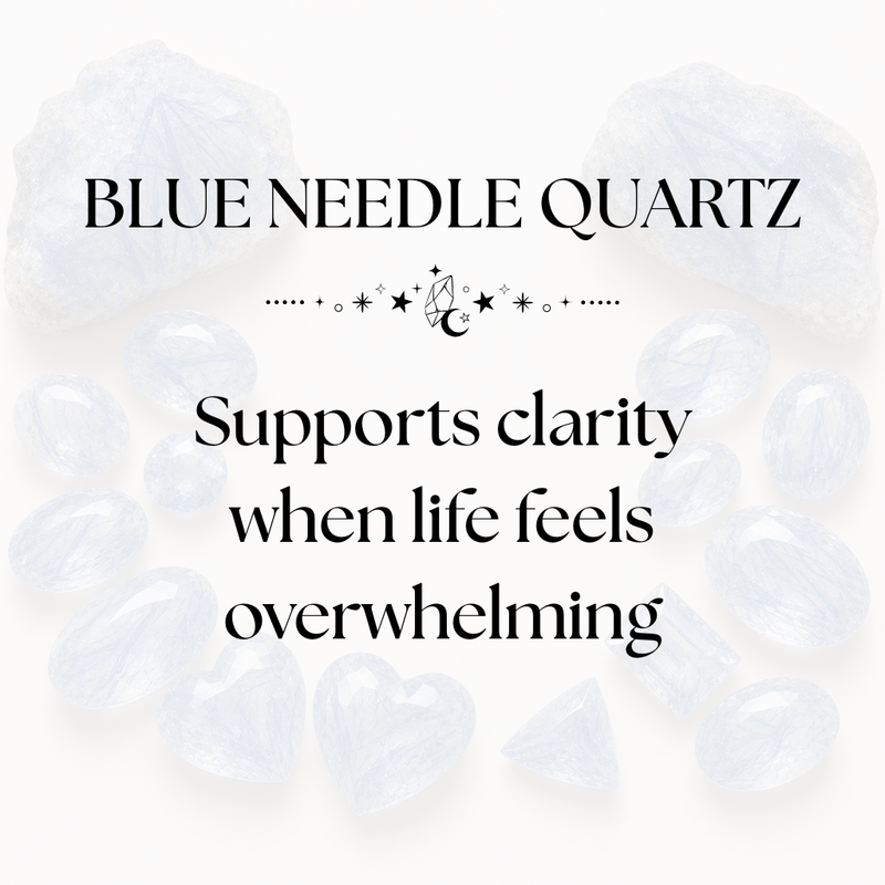 Blue Needle Quartz crystals with blue needle inclusions arranged on a neutral background