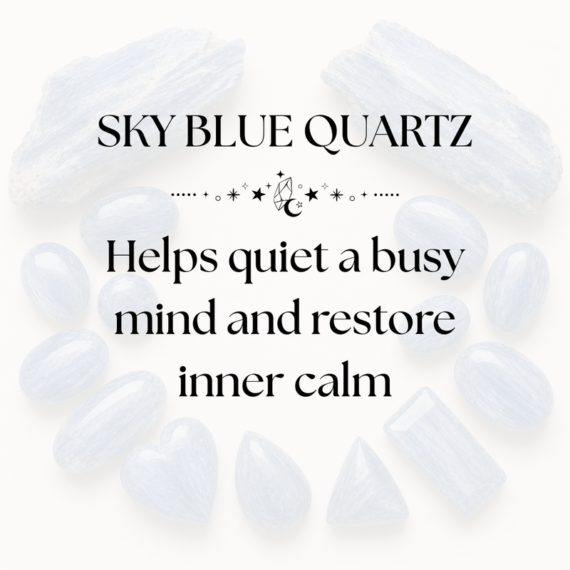 Sky Blue Quartz crystals arranged on a neutral background with soft blue tones and polished finishes