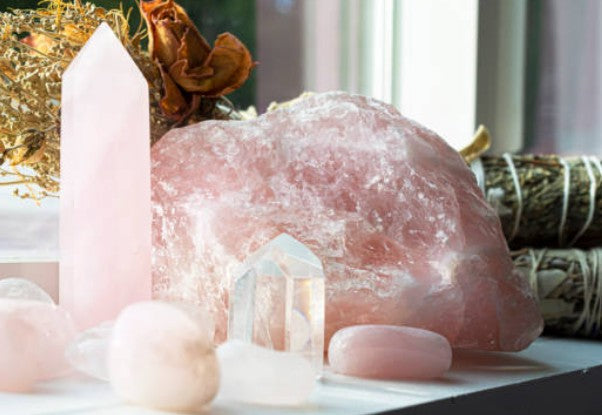 Love crystals collection featuring rose quartz and heart chakra stones