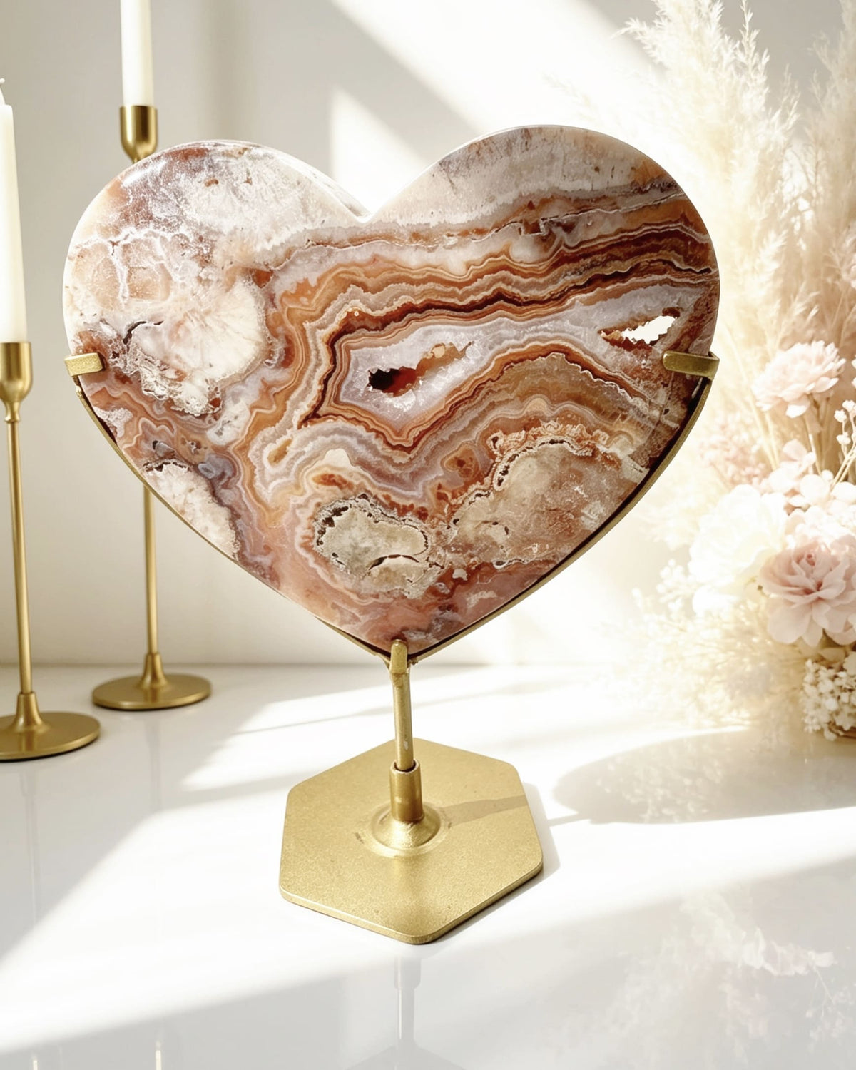 Pink Crazy Lace Agate Heart On Stand No. 8