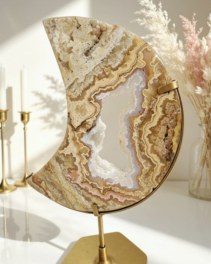 Golden Crazy Lace Agate Moon On Stand No. 4