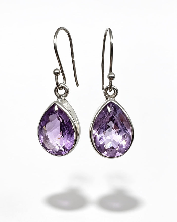 Amethyst Crystal Earrings – Drop Faceted Silver