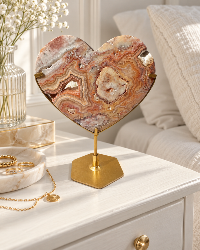 Pink Crazy Lace Agate Heart On Stand No. 13