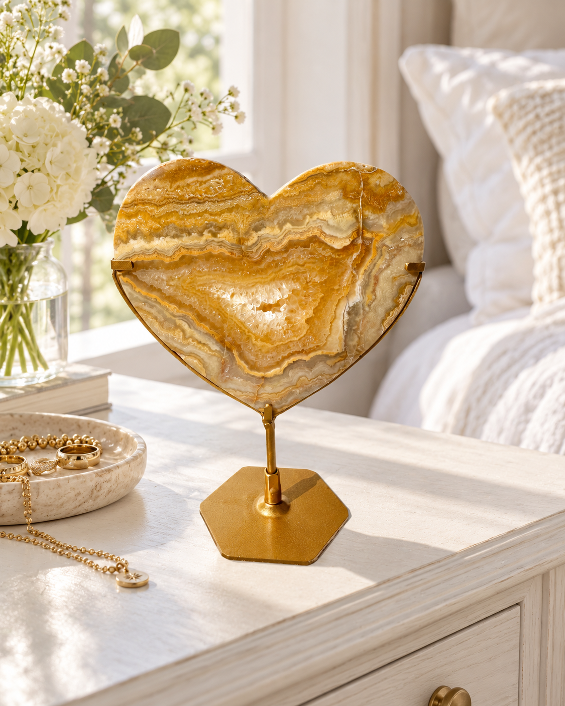 Gold Crazy Lace Agate Heart On Stand No. 2
