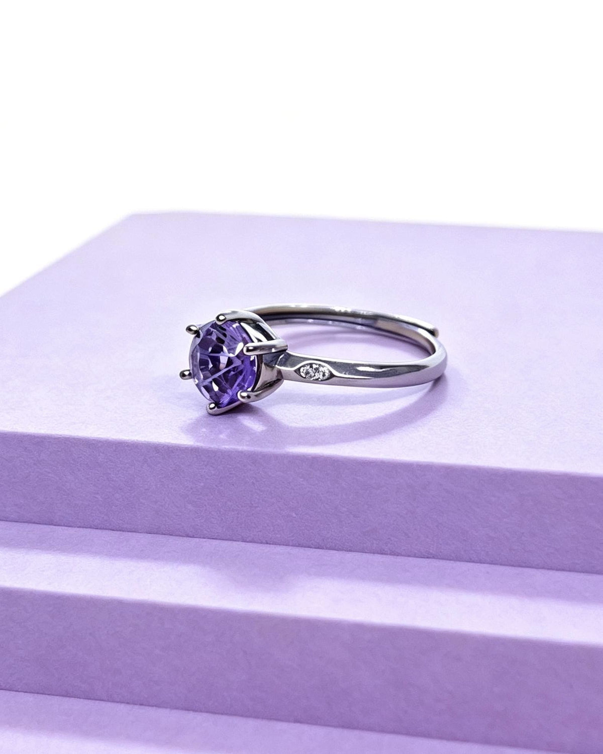 Round Amethyst & Lab Diamond Silver Ring