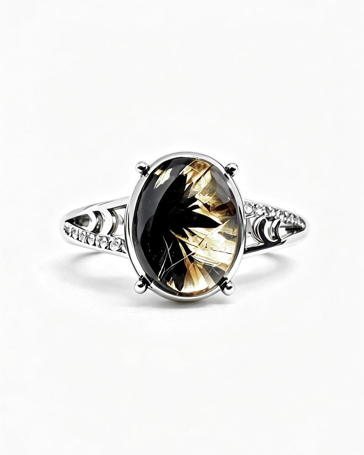 Golden Rutile & Hematite Crystal Ring – Silver with Lab Diamonds
