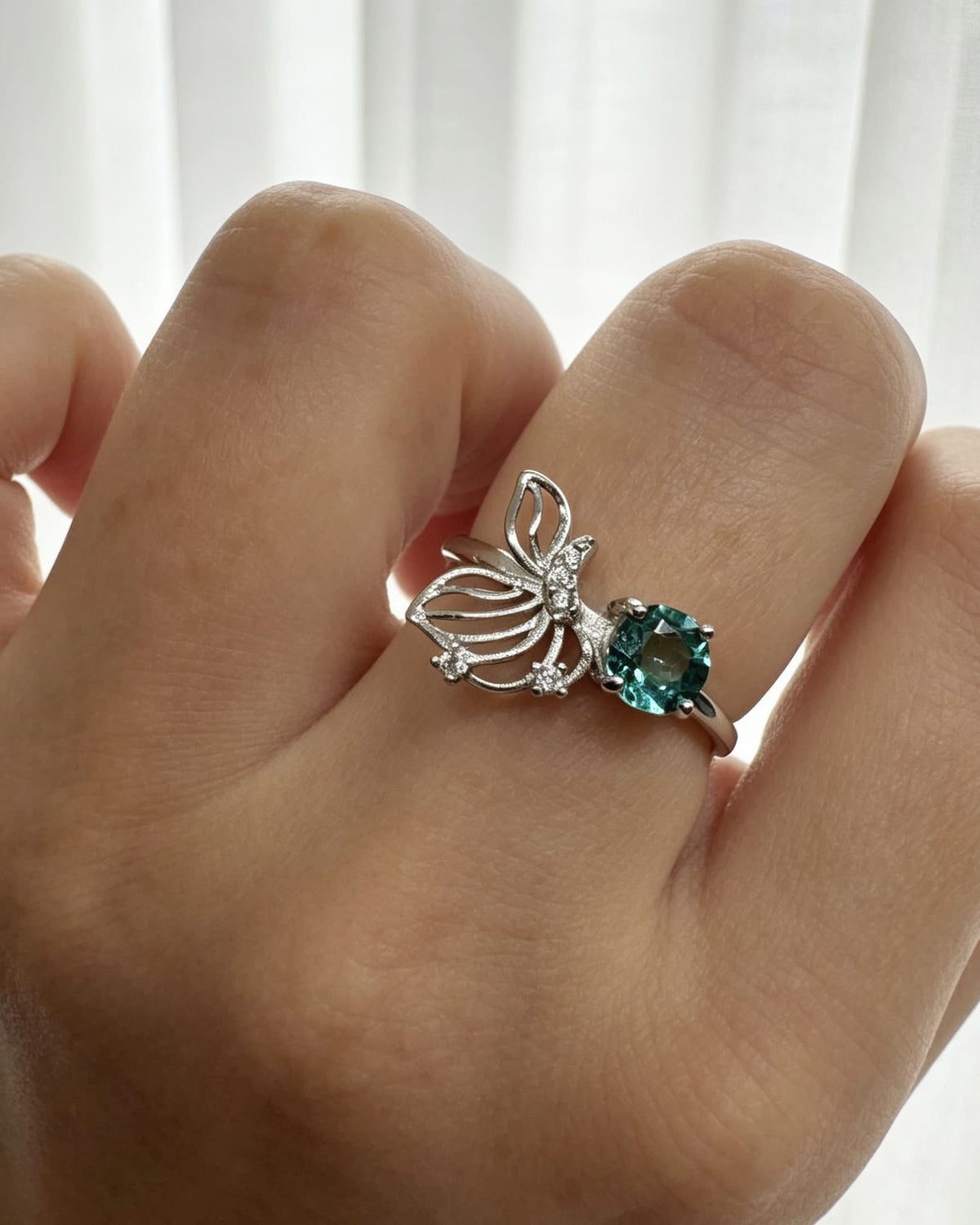Apatite Crystal Ring – Butterfly Silver with Lab Diamonds