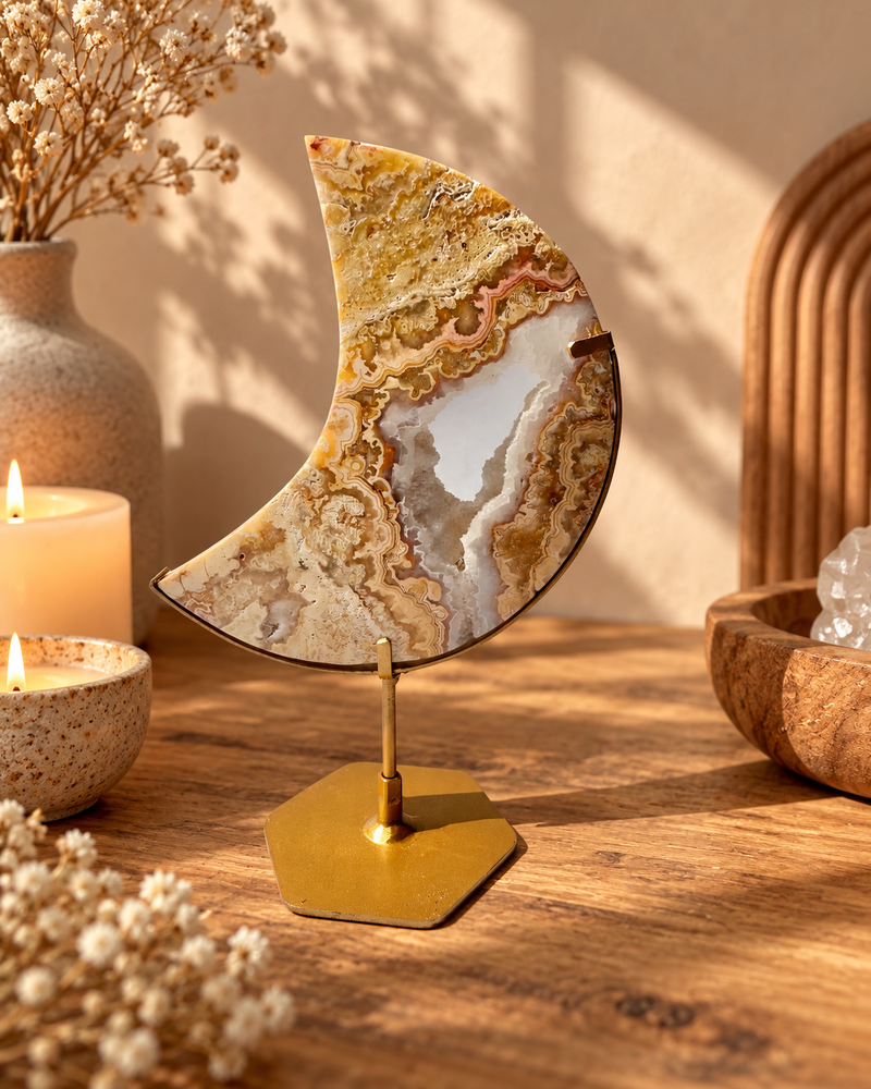 Gold Crazy Lace Agate Moon On Stand No. 5