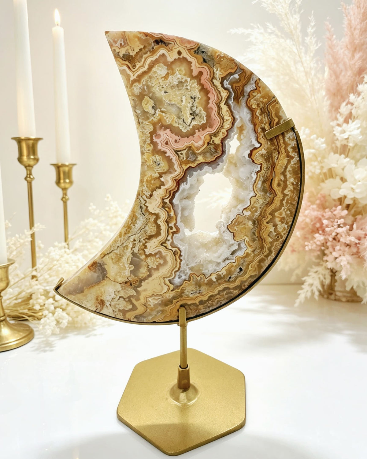 Golden Crazy Lace Agate Moon On Stand No. 3