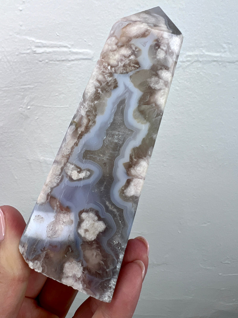 Black Flower Agate Obelisk with Green Amethyst Inclusions no. 919