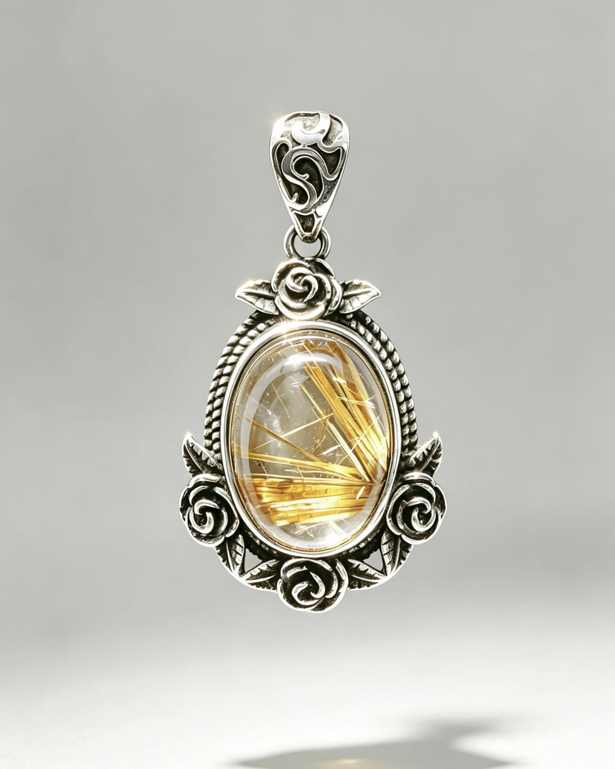Golden Rutile Crystal Pendant – Oval Silver