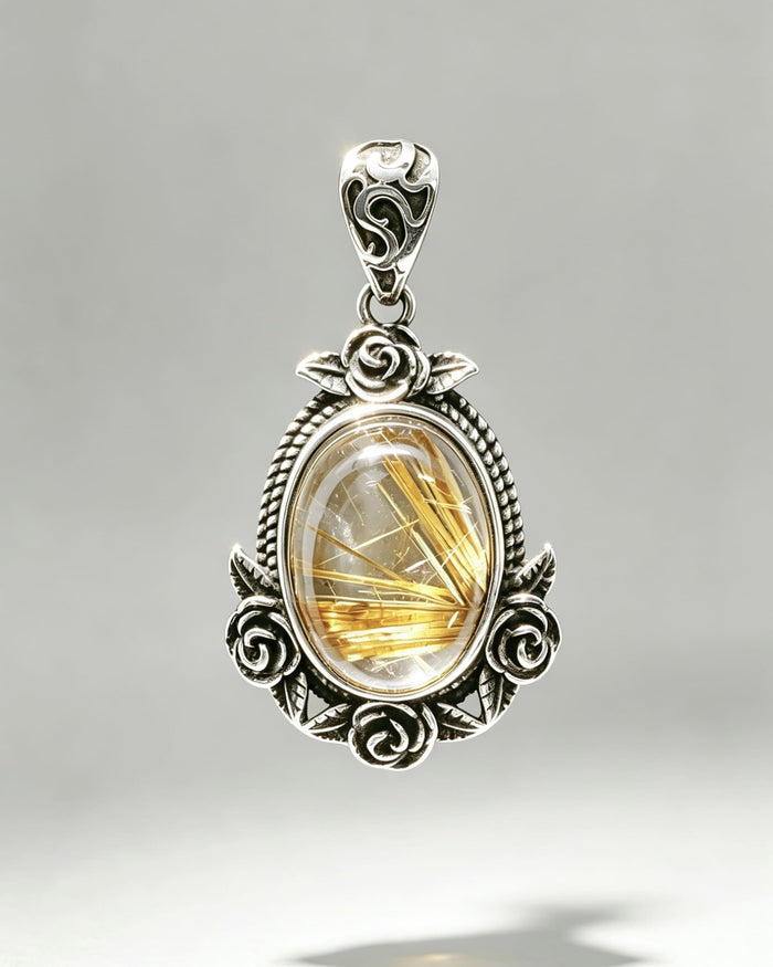 Golden Rutile Crystal Pendant – Oval Silver