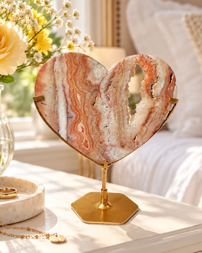 Pink Crazy Lace Agate Heart On Stand No. 10