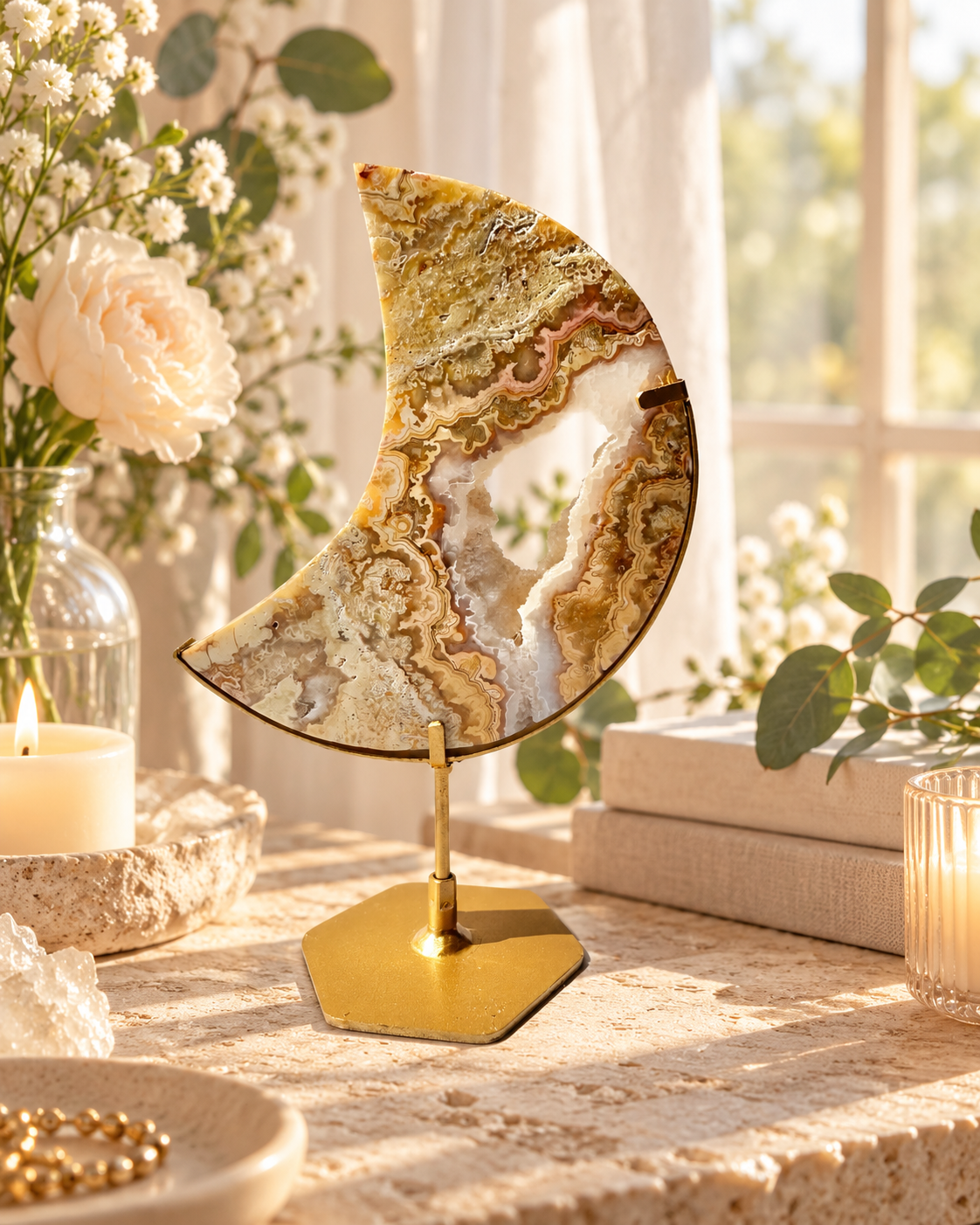 Gold Crazy Lace Agate Moon On Stand No. 5