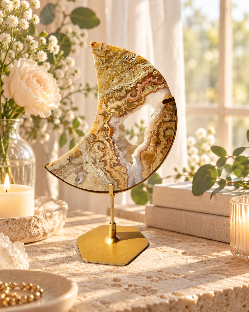 Gold Crazy Lace Agate Moon On Stand No. 5