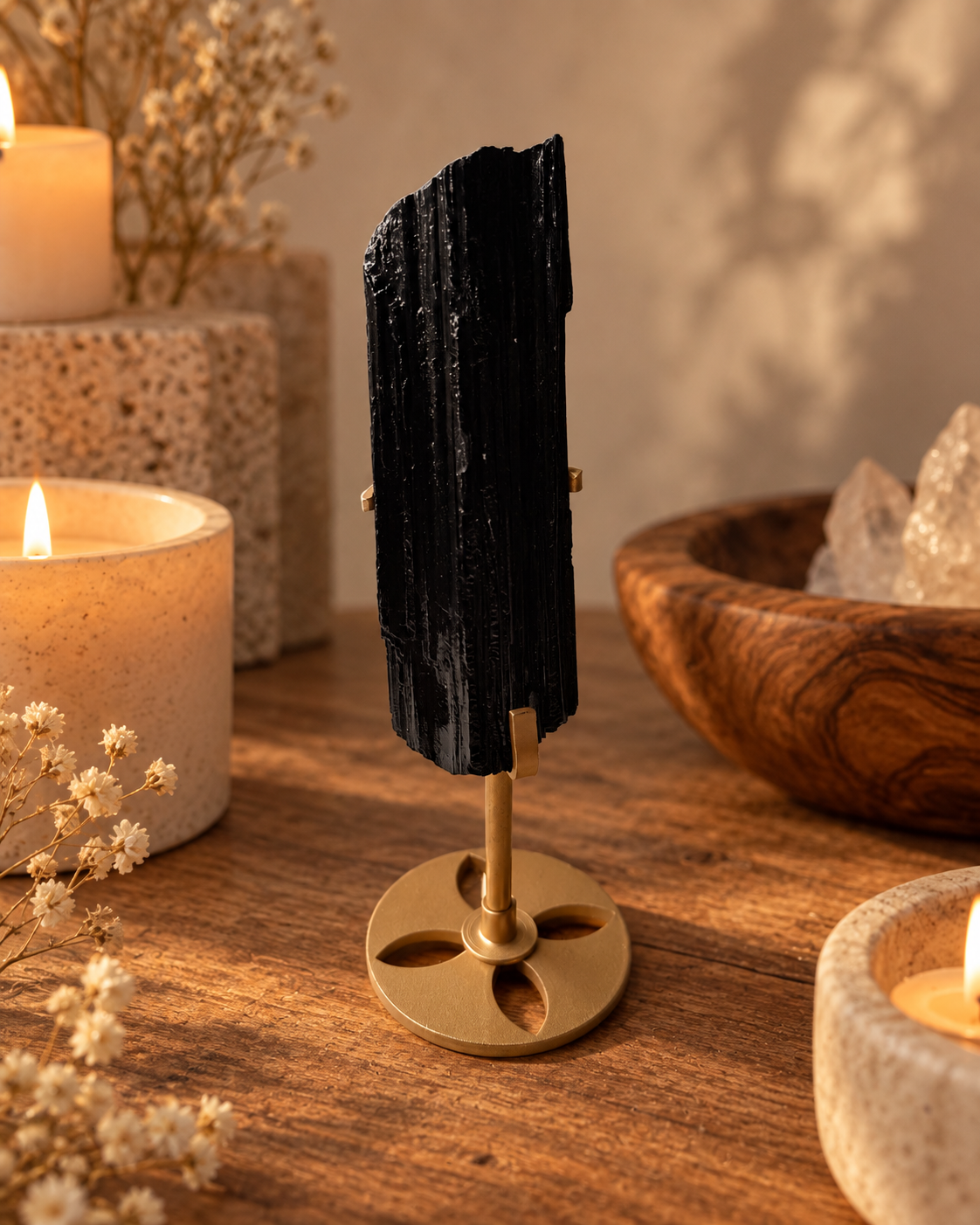 Raw Black Tourmaline On Gold Stand No. 5