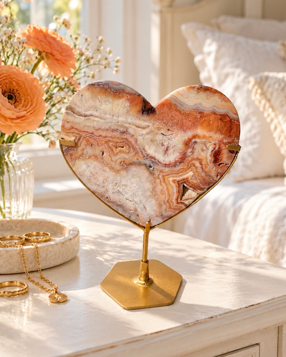 Pink Crazy Lace Agate Heart On Stand No. 12