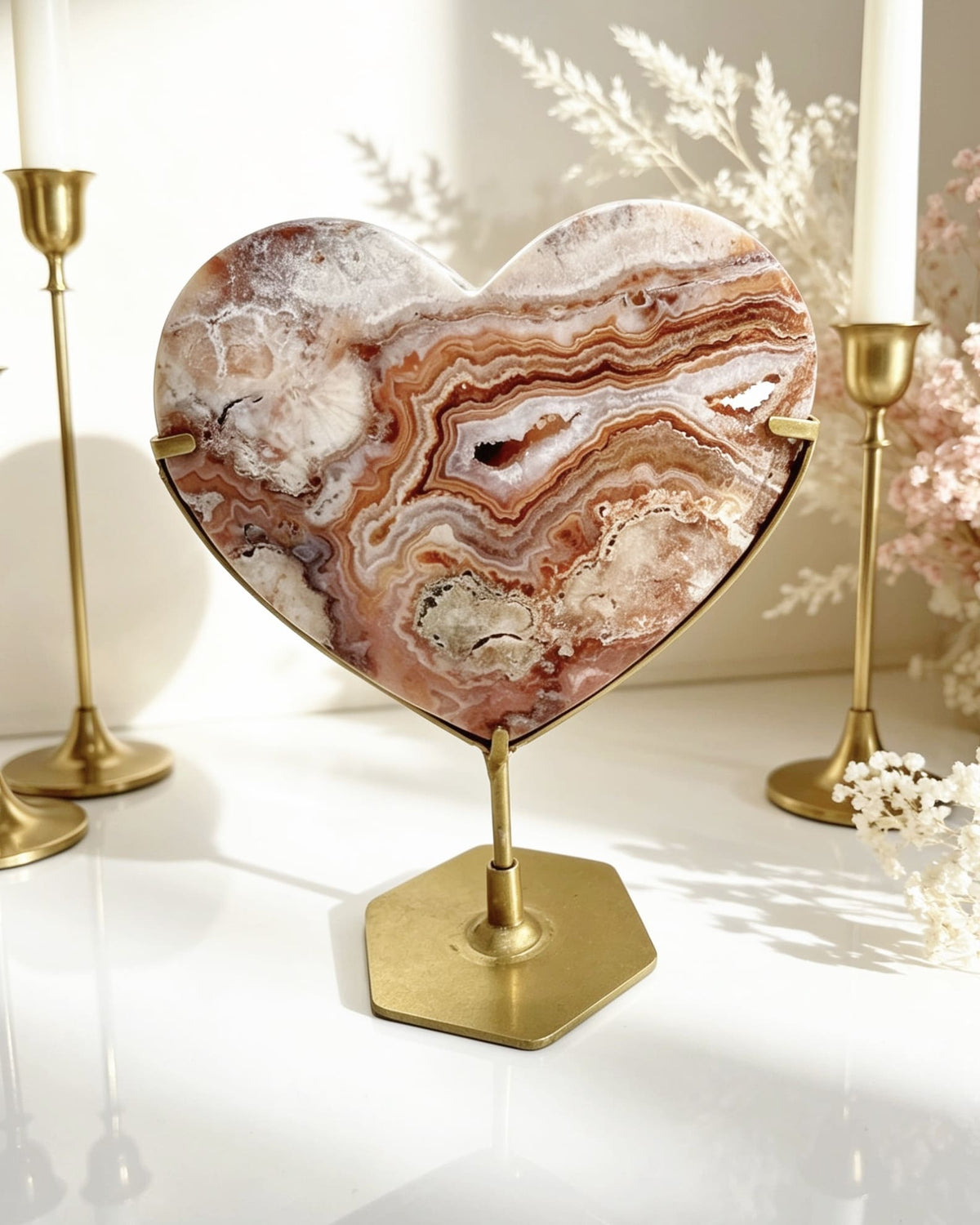 Pink Crazy Lace Agate Heart On Stand No. 8
