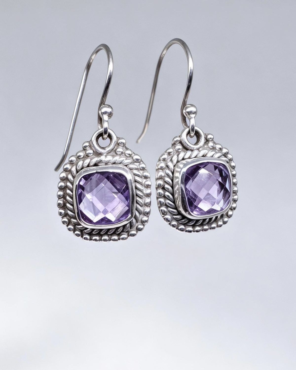 Amethyst Crystal Earrings – Cushion Cut Silver