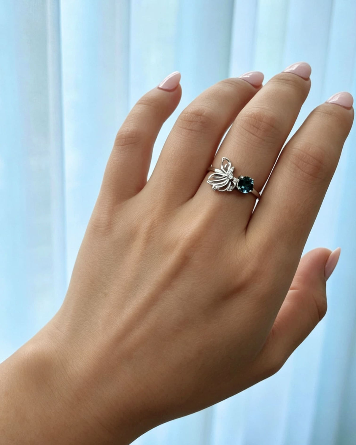 Apatite Crystal Ring – Butterfly Silver with Lab Diamonds