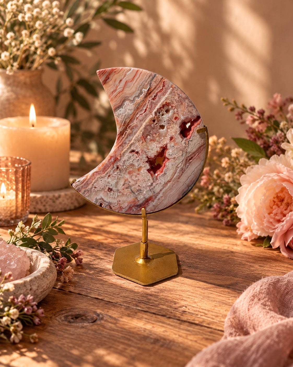 Pink Crazy Lace Agate Moon On Stand No. 14