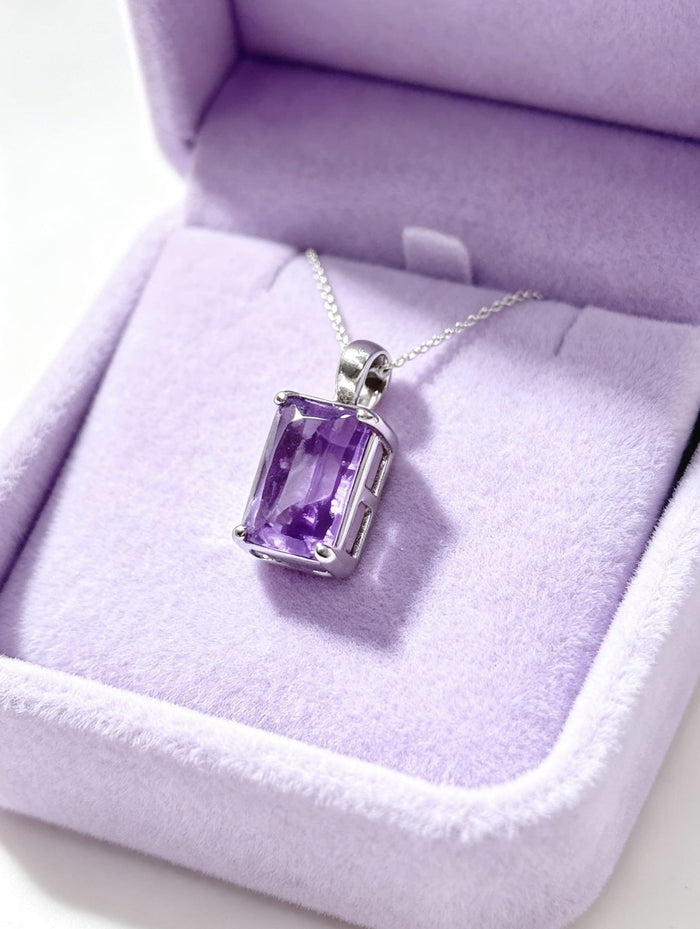 Amethyst Crystal Pendant – Emerald Cut Silver