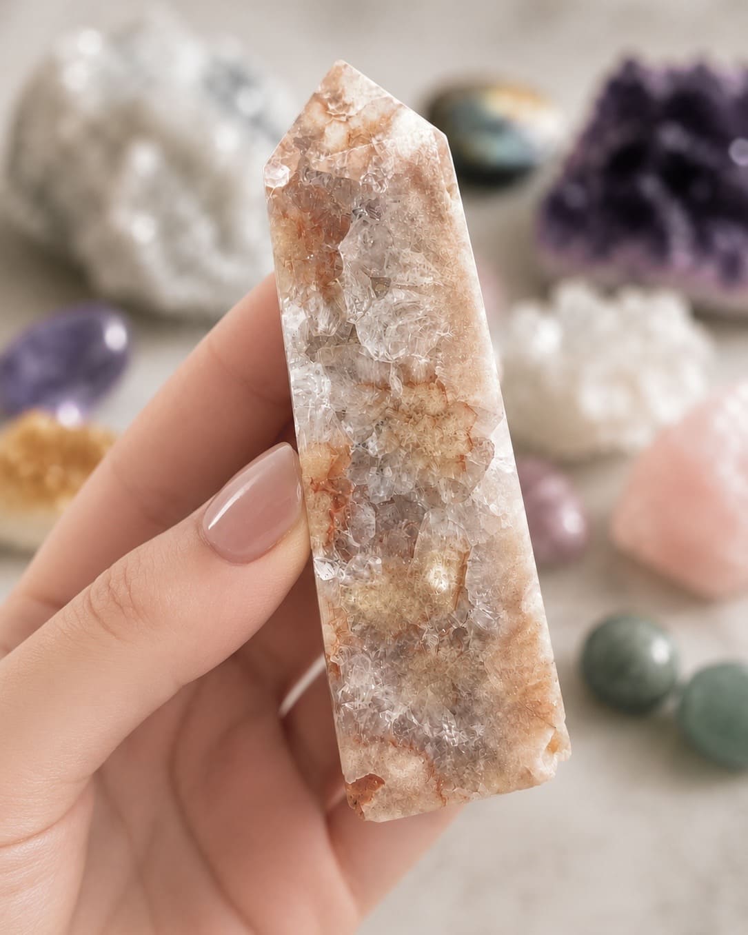 Flower Agate Obelisk with Amethyst Inclusions no. D958