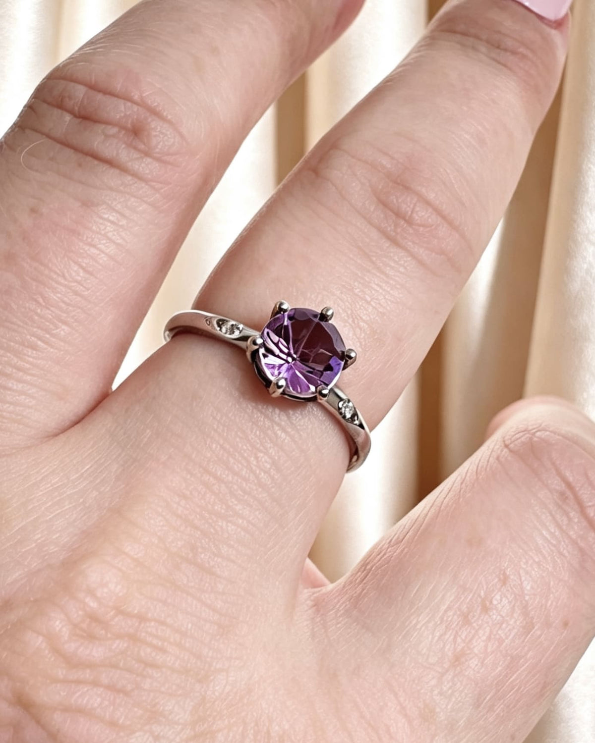 Round Amethyst & Lab Diamond Silver Ring