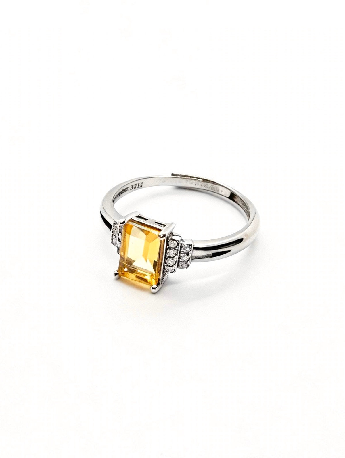 Emerald Cut Citrine & Lab Diamond Silver Ring