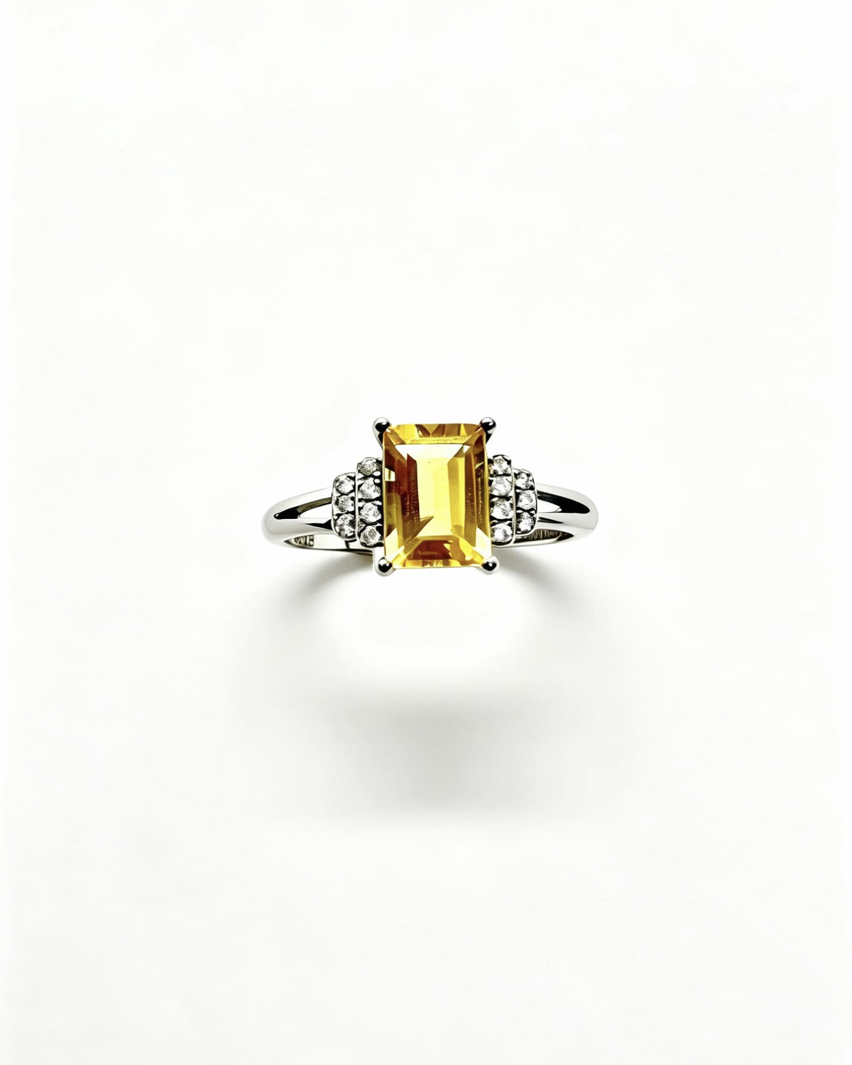 Emerald Cut Citrine & Lab Diamond Silver Ring