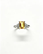 Emerald Cut Citrine & Lab Diamond Silver Ring