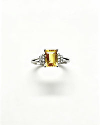 Emerald Cut Citrine & Lab Diamond Silver Ring