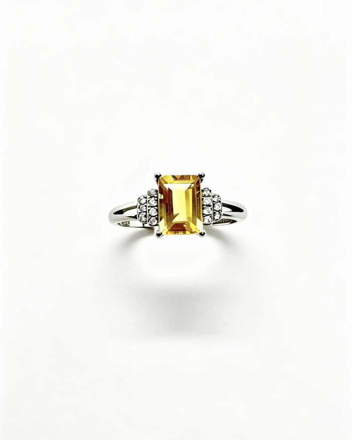 Emerald Cut Citrine & Lab Diamond Silver Ring
