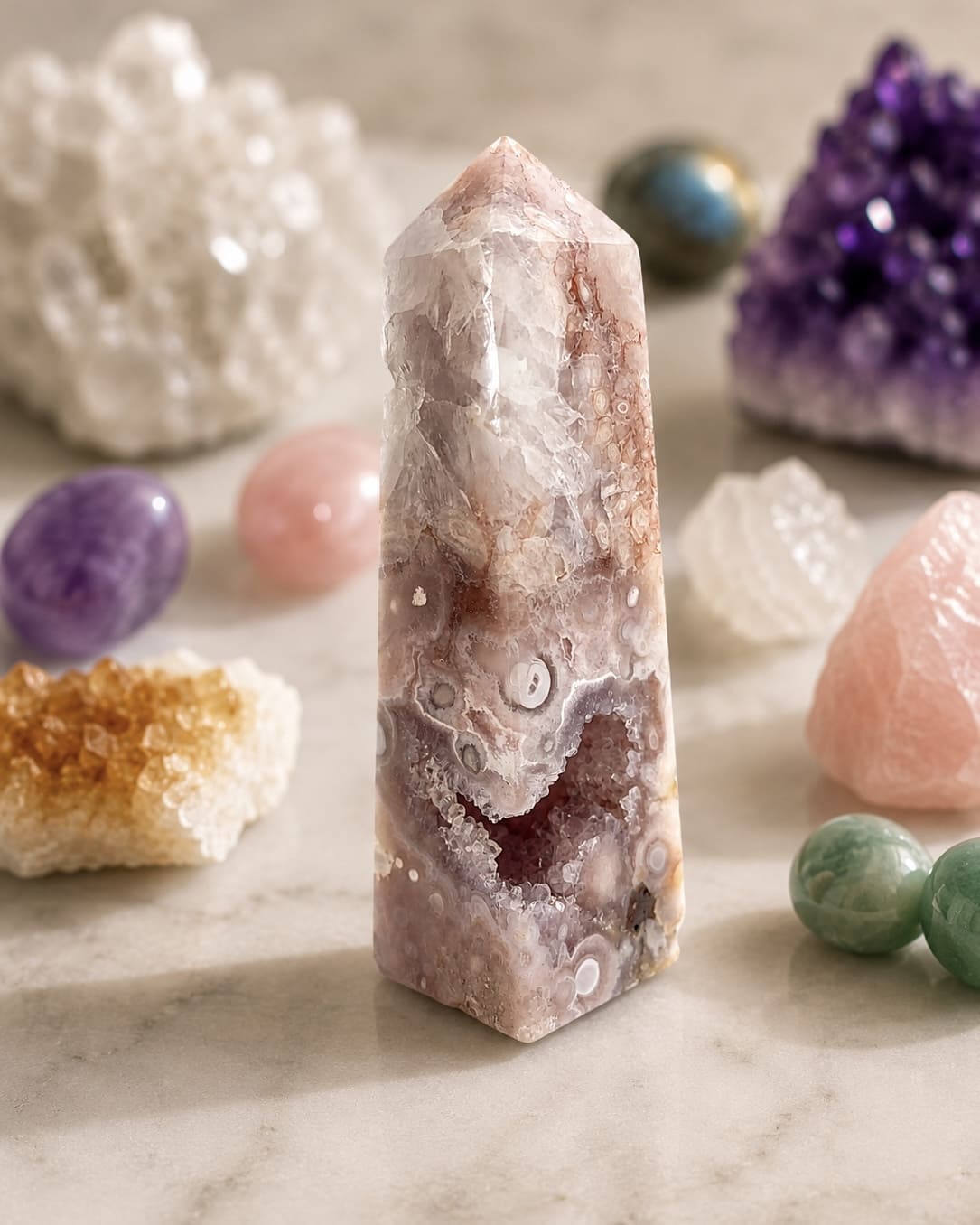 Flower Agate Obelisk with Amethyst Inclusions no. D957
