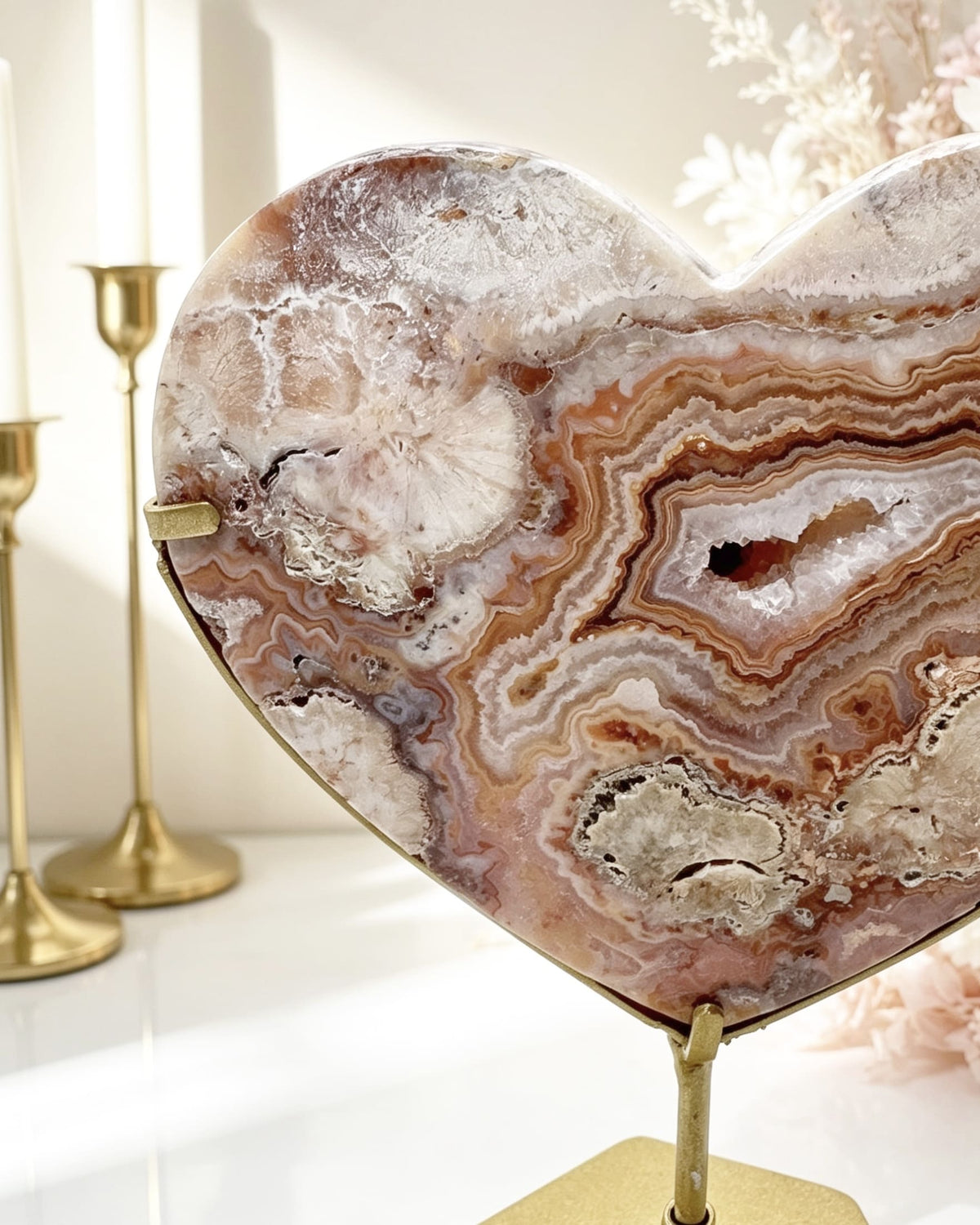Pink Crazy Lace Agate Heart On Stand No. 8