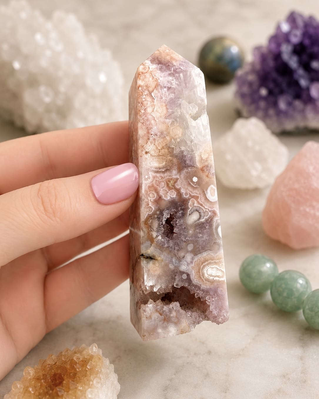 Flower Agate Obelisk with Amethyst Inclusions no. D957
