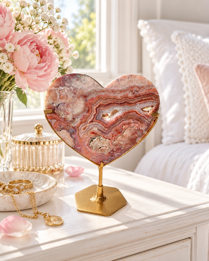 Pink Crazy Lace Agate Heart On Stand No. 8