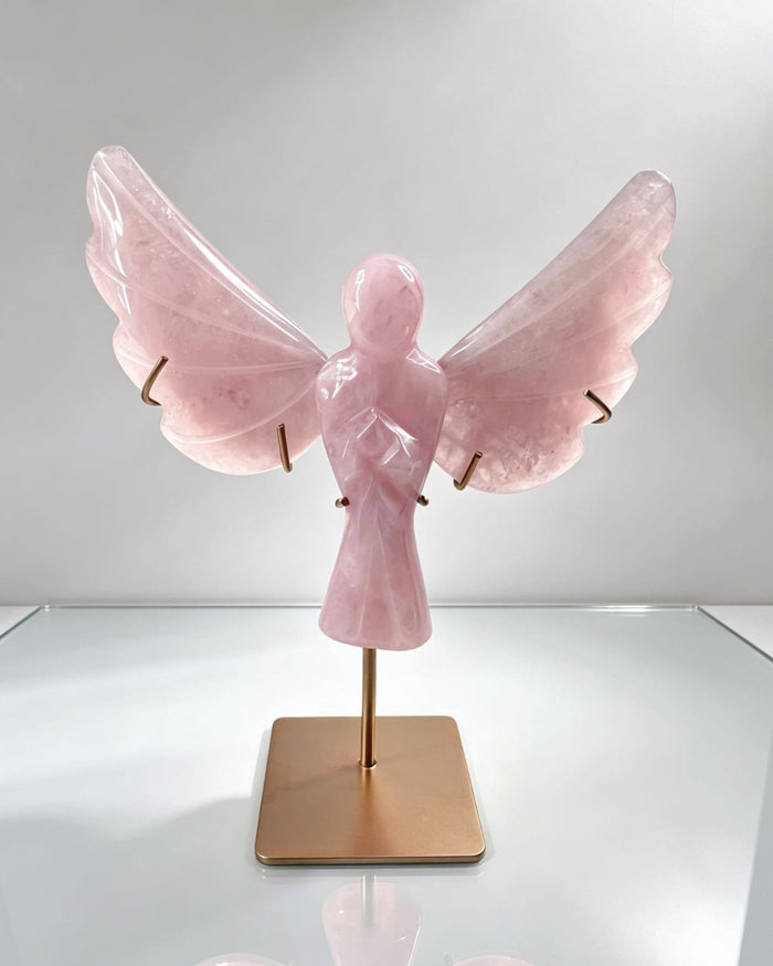 Rose Quartz Angel On Gold Stand