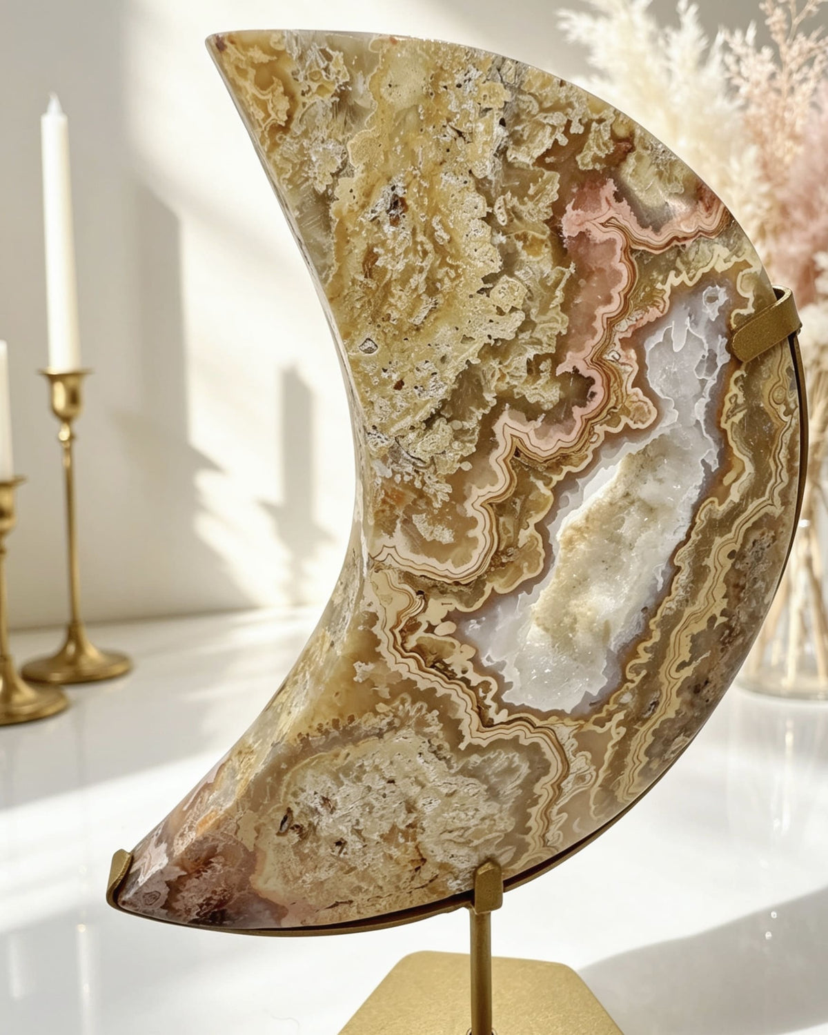 Golden Crazy Lace Agate Moon On Stand No. 2