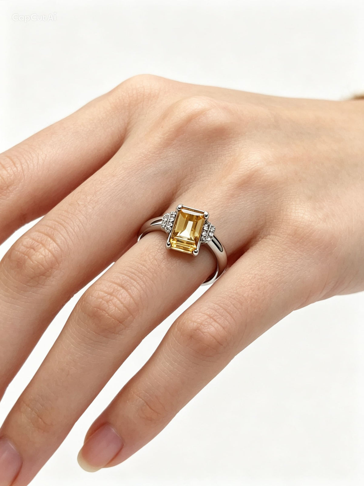 Emerald Cut Citrine & Lab Diamond Silver Ring