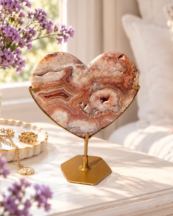 Pink Crazy Lace Agate Heart On Stand No. 9