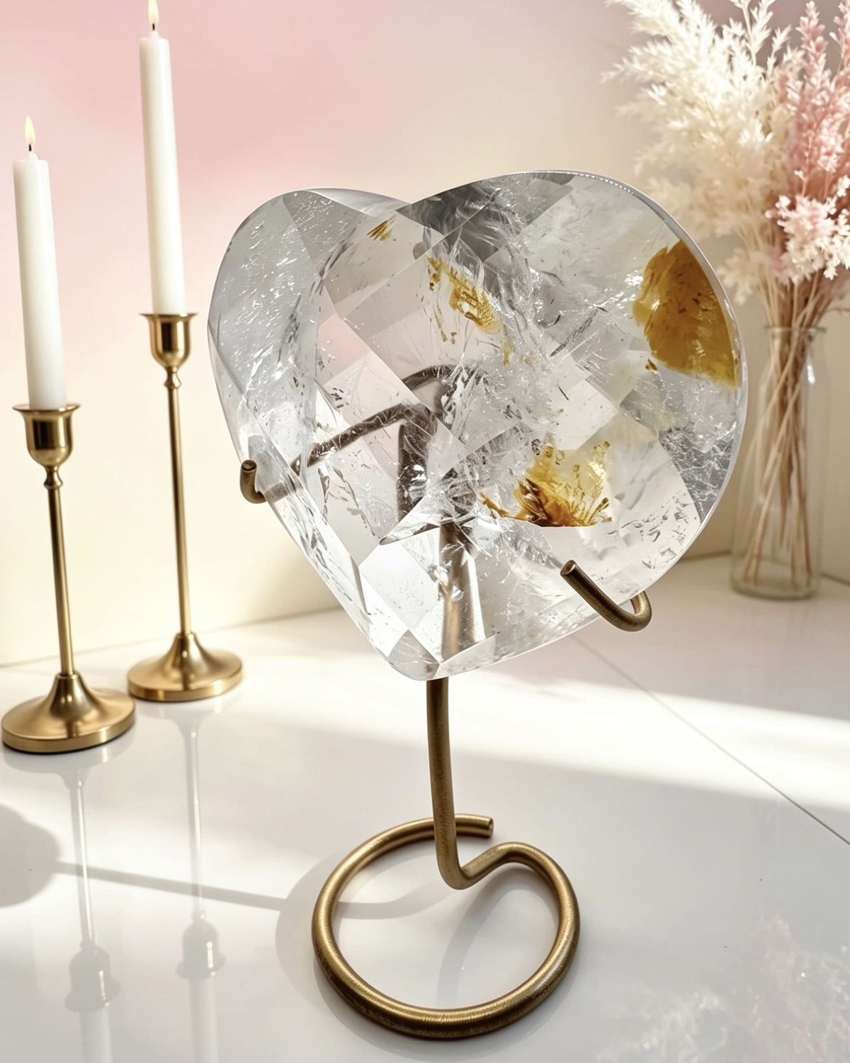Lemurian & Golden Healer Faceted Heart On Stand
