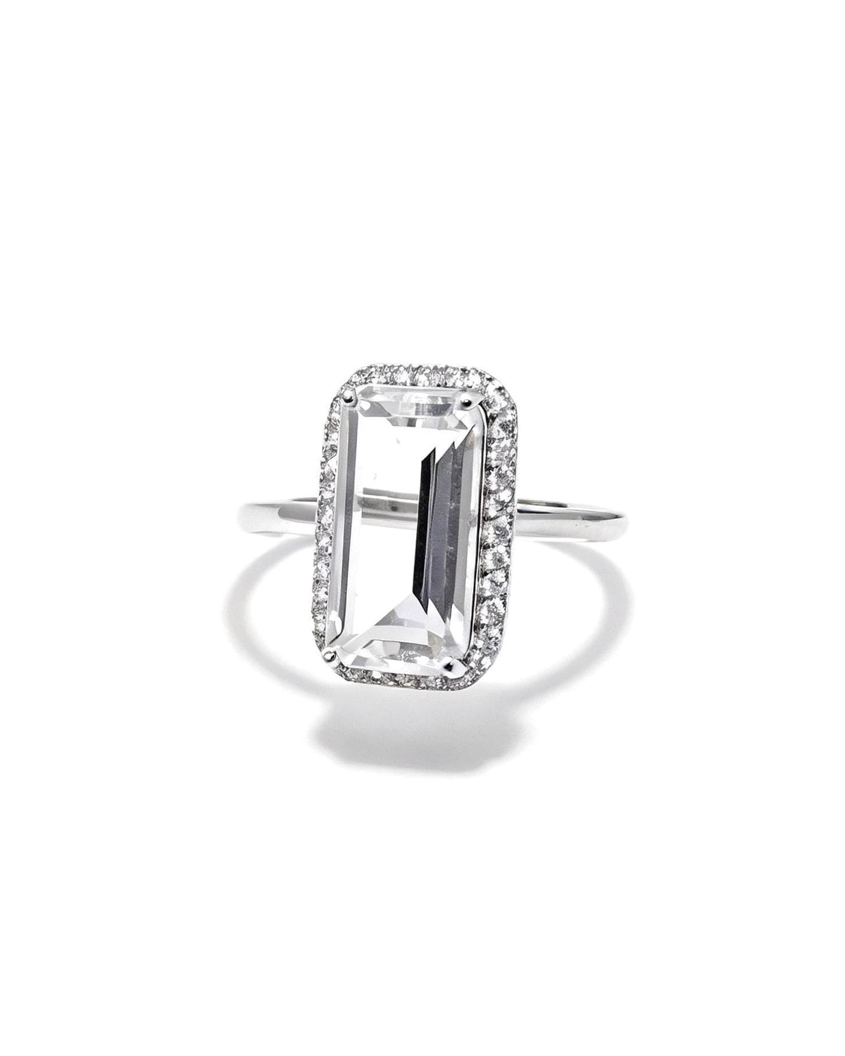 Rectangle Clear Quartz & Lab Diamonds Silver Ring