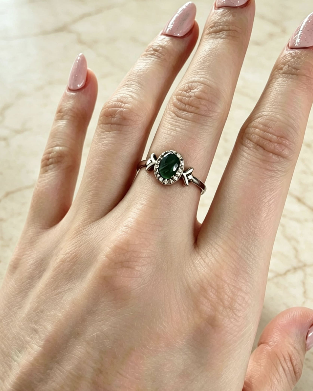 Emerald Crystal Ring – Oval Silver with Lab Diamonds