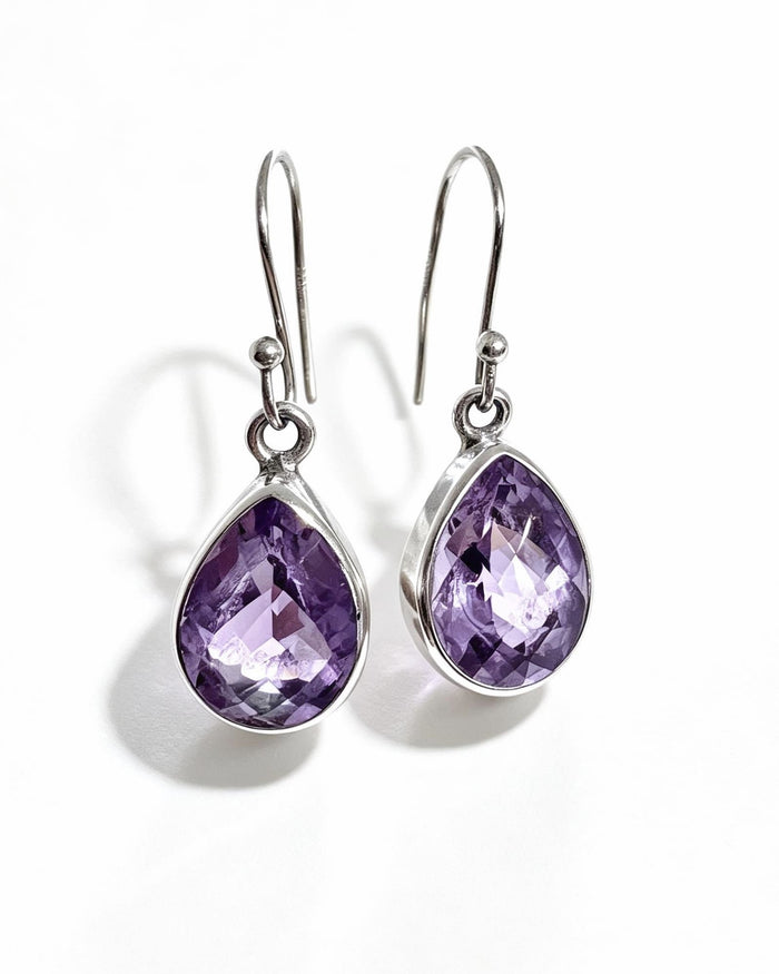 Amethyst Crystal Earrings – Drop Faceted Silver
