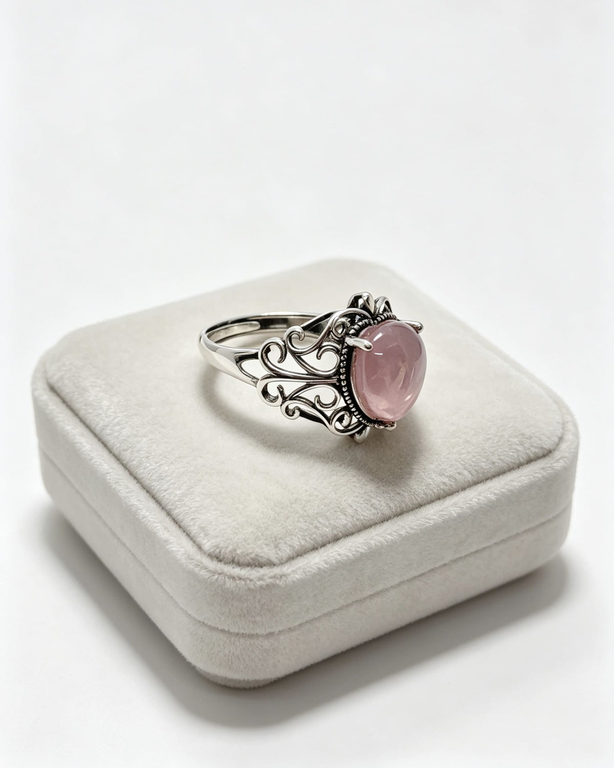 Rose Quartz Crystal Ring – Cushion Cut Silver