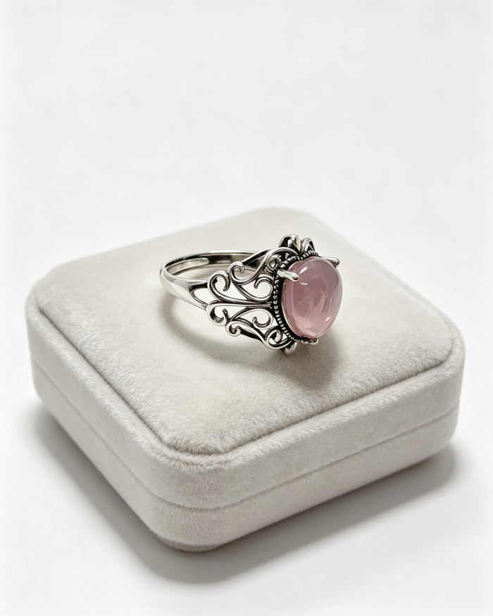 Rose Quartz Crystal Ring – Cushion Cut Silver