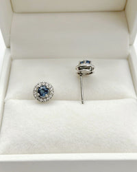Blue Sapphire & Lab Diamonds Stud Earrings - Round Silver