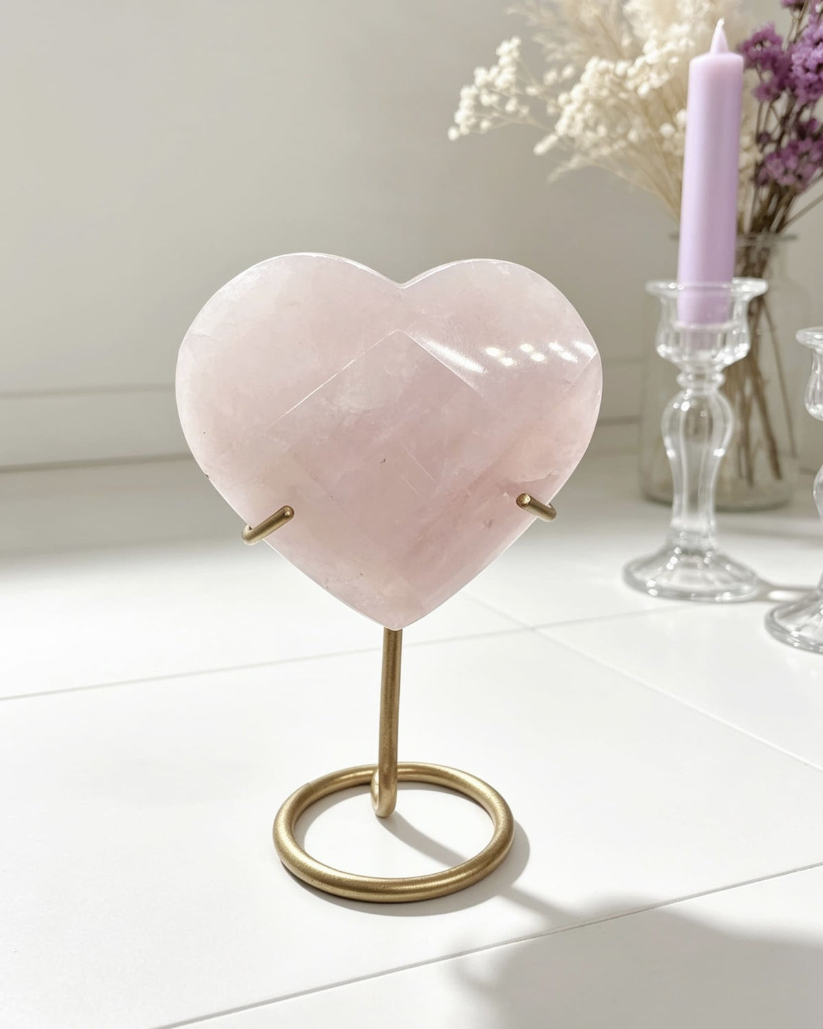 Rose Quartz Faceted Heart On Stand