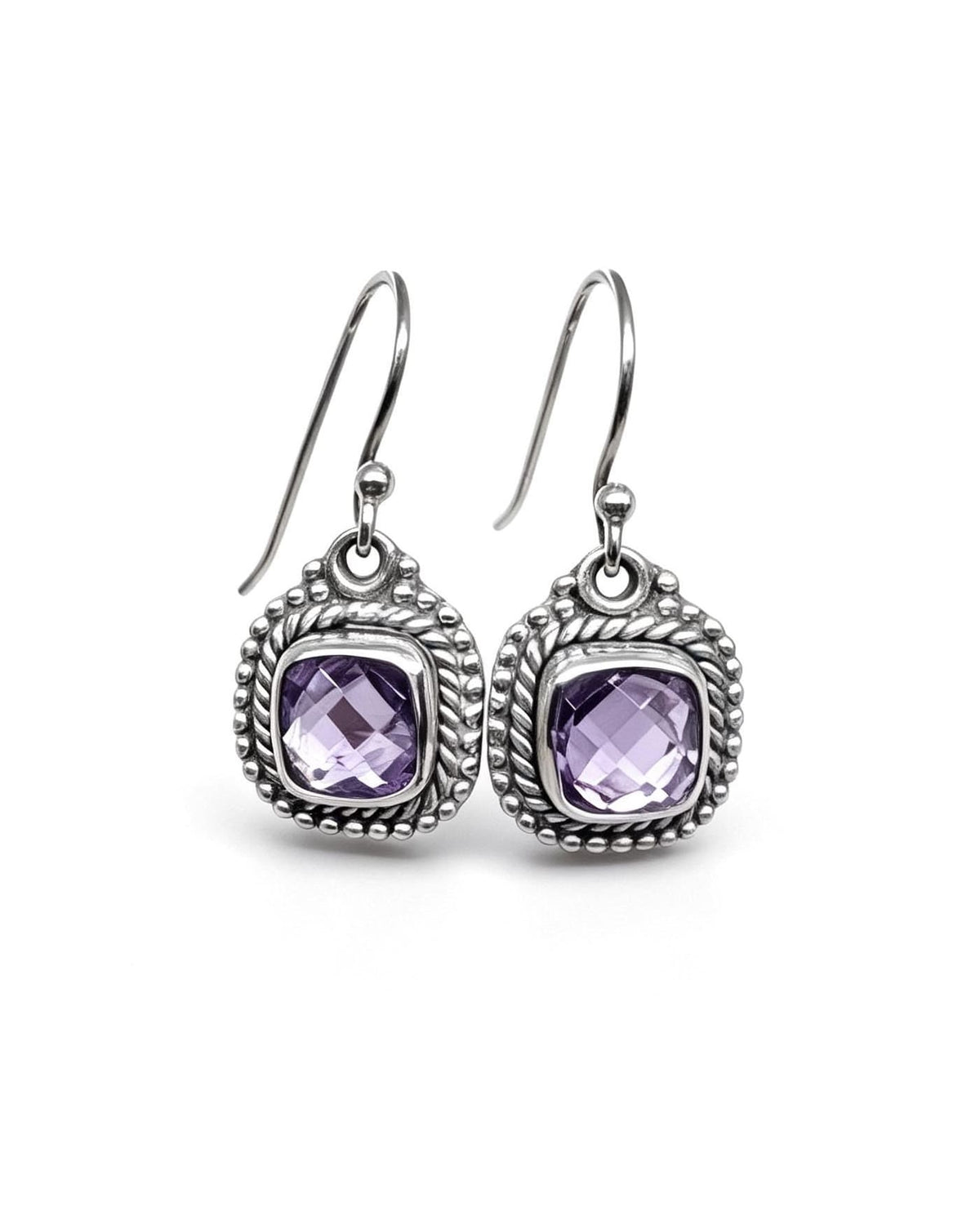 Amethyst Crystal Earrings – Cushion Cut Silver
